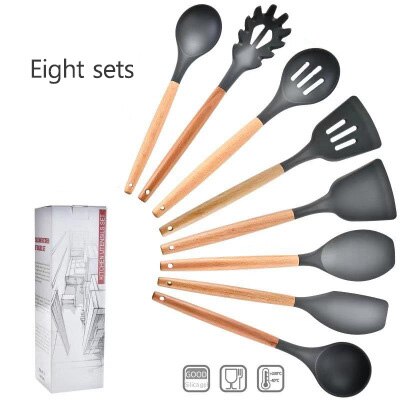 Kitchen Utensils Cooking utensils Wood Handle Silica Gel Kitchenware 11 Piece Set 9 Piece Set Kitchen Tool Scoop Set: Black-12