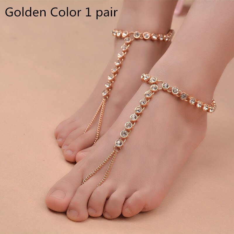 1 PC Bohemian Vintage Anklet Simple Rhinestone for Women Tassel Gem Foot Jewelry Barefoot Sandal Multilayer Anklet Beach Wedding: Golden Pair