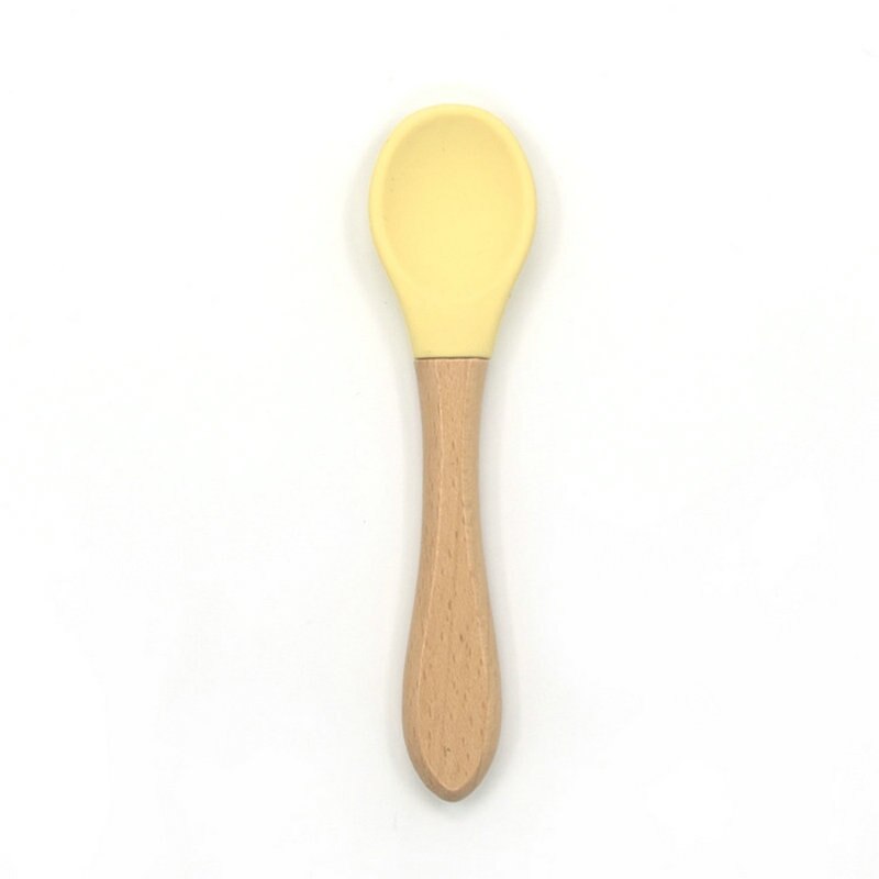 2PCS Baby Bamboo Training Spoons Organic Soft Baby Feeding Silicone Tip Spoon Scoop Easy Grip Handle Toddlers Infant: yellow