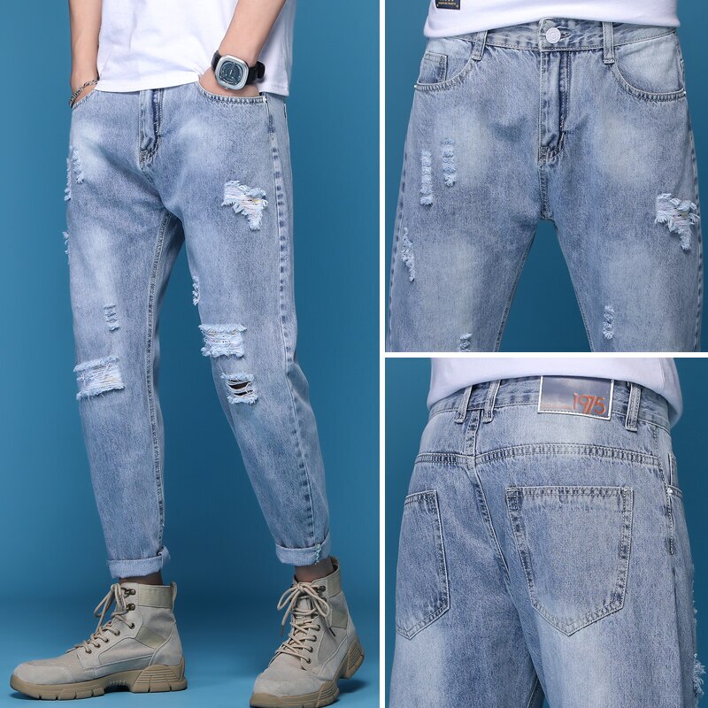 Ripped Jeans for men Stretch Nine Hole Pants