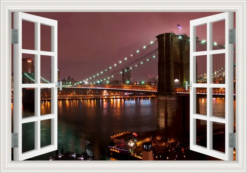 3D Window View wall Sticker York Brooklyn Removable Night Wall Art Wallpaper Kitchen Room decor aesthetic poster prints: 28x40inch 70x100cm / W0158