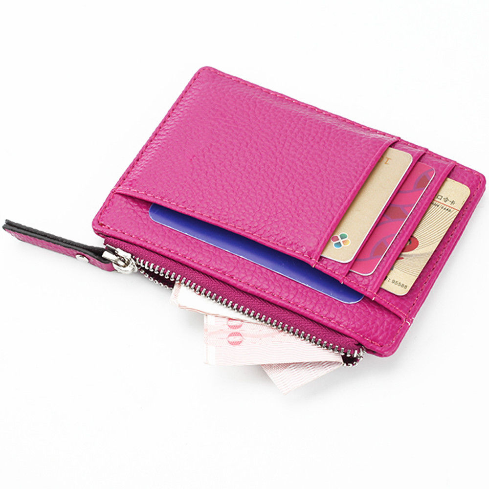 Slim Mini Wallet Zipper Card Holder Coin Purse /Women Leather Clutch Bag Handbag: Burgundy