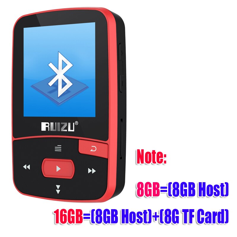 RUIZU X50 Sport Bluetooth MP3 player 8GB mini clip, with screen support FM, recording, e-book, clock, pedometer, SD card, clip: CX-MP3-X50-Red / 32GB