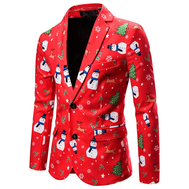 Shenrun Men Christmas Year Blazers Santa Jackets Red Slim Fit Suit Jacket Party Prom Christmas Print Stage Costumes
