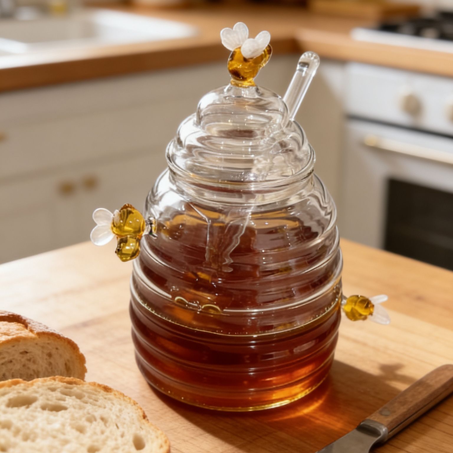Glass Honey Jar with Dipper & Lid, Cute Bee Decor Honey Pot, 14oz Clear Glass Honey Container for Kitchen
