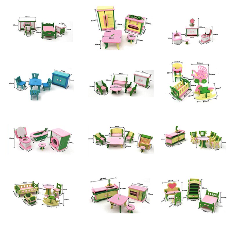 1:12 Dollhouse Miniature Furniture Wooden Bathroom Bedroom Restaurant Set For Dollhouse Decals