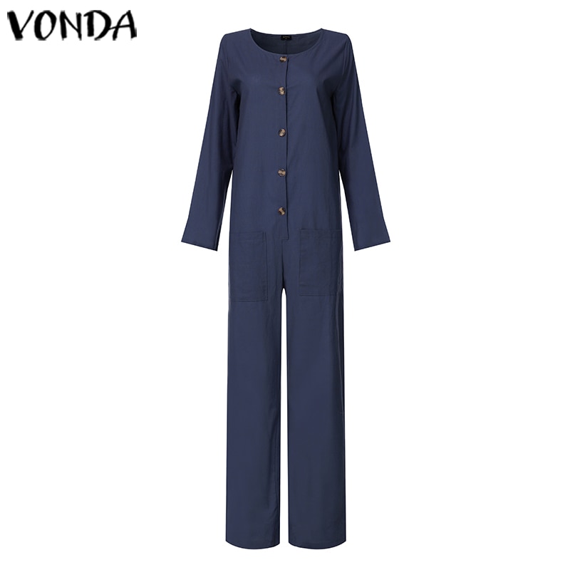 Vonda kvinna höst bomullsbyxor dam jumpsuits knapp kontor dam playsuit casual lösa pantalon plus size byxor