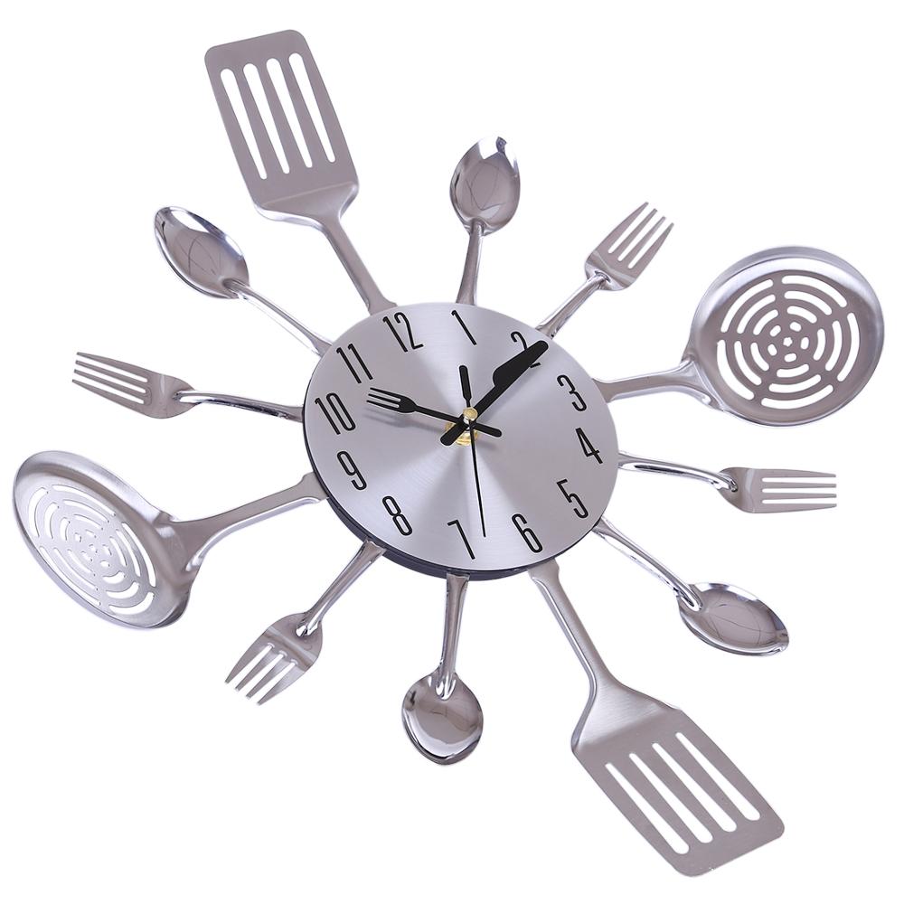Homingdeco Kitchen Wall Clock 3D Unique Mute Kitchen Utensils Toned Forks Spoons Spatulas Wall Clock - Silver