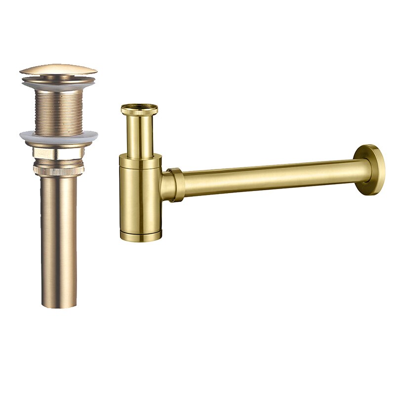 Brushed Gold Brass Pop-Up Basin Waste Drain, Basin Mixer P-Trap Waste Pipe Into The Wall Drainage Brass Vessel Or Ceramic Sink