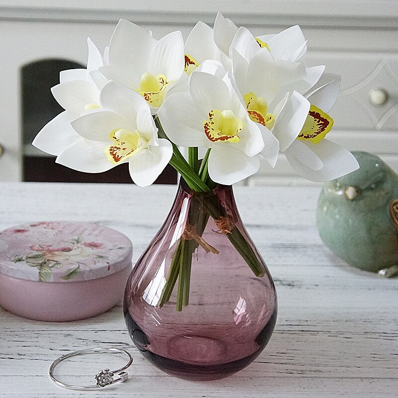 Ramo de novia de orquídeas blancas, flores artificiales de látex, álbum de recortes DIY, Decoración de casa, 4 Uds. Por paquete