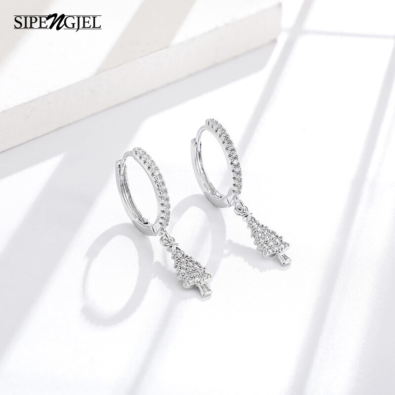 Cubic Zircon Christmas Tree Hoop Earrings For Women Christmas Jewelry Cute Accessories: SILVER