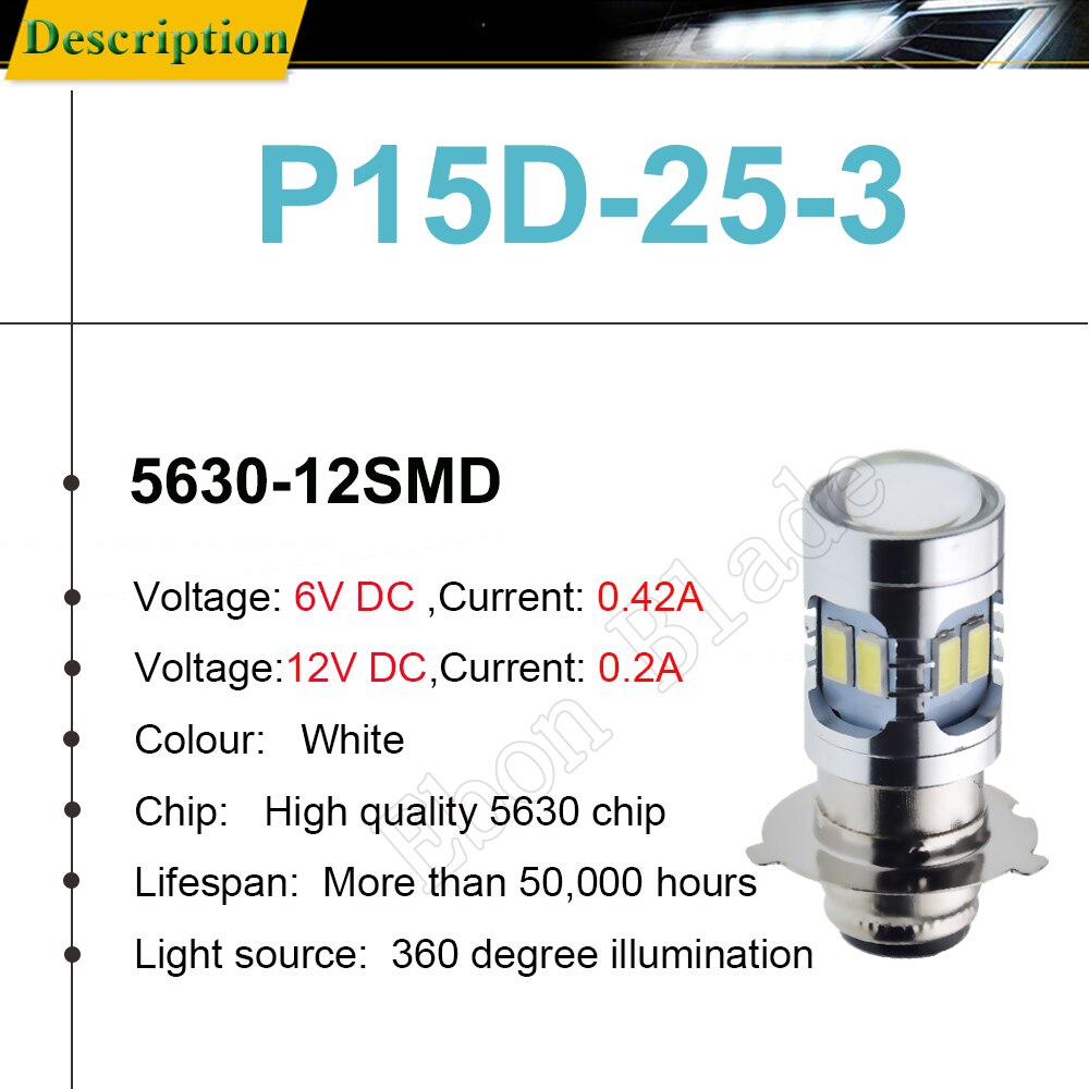 Bombilla de faro LED P15D-25-3 para motocicleta, faro delantero blanco de 6V-24V, 12SMD 5630, 1 Uds.
