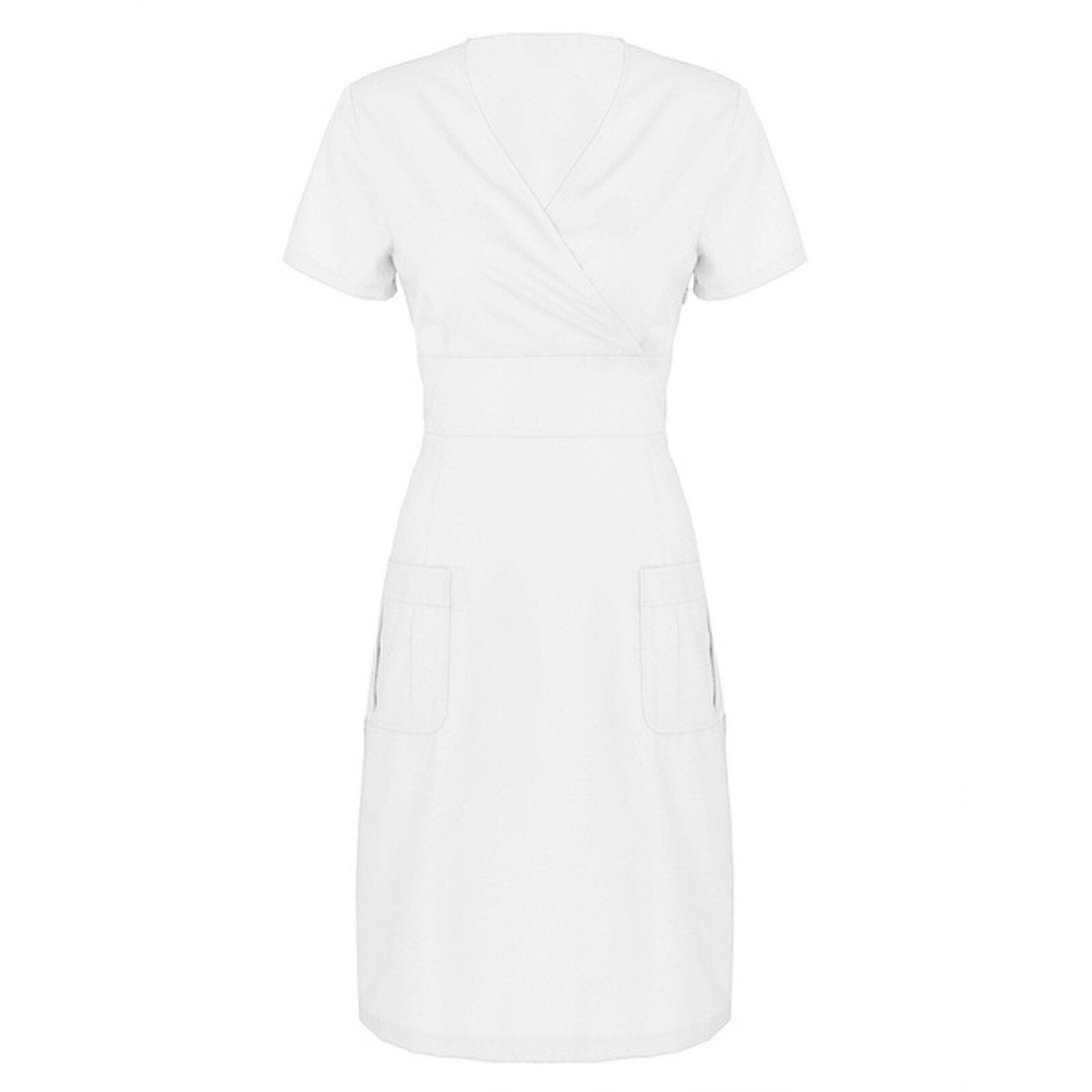 women's uniform dress Casual Short Sleeve V-neck Solid Working Uniform Solid Pocket Dress beautician uniform nurse uniform: White / S