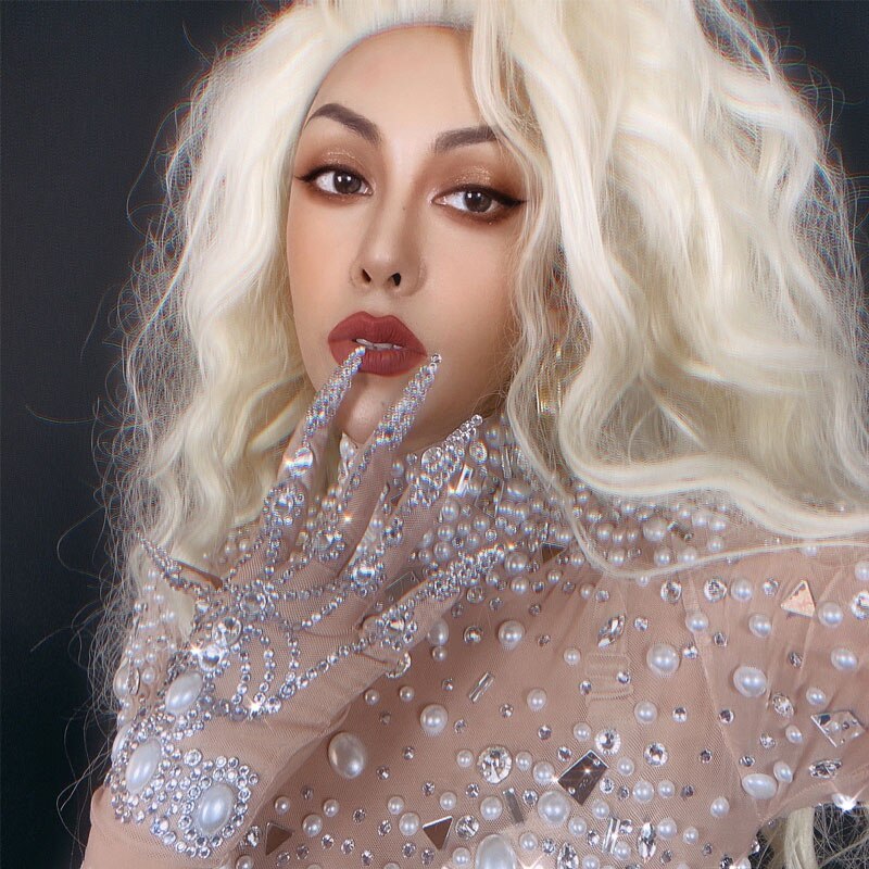 Full rhinestone long nails gloves Mesh stage performance gloves bar nightclub GOGO dance wear party festival Rave