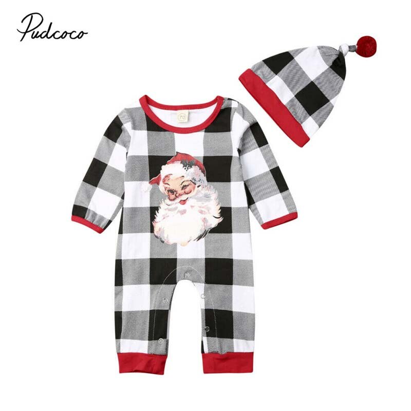 2019 Primavera Outono Vestuário Infantil Do Bebê Da Menina do Menino Roupas de Bebê Xadrez Romper Manga Comprida Macacão Chapéu de Papai Noel 2Pcs outfit Set