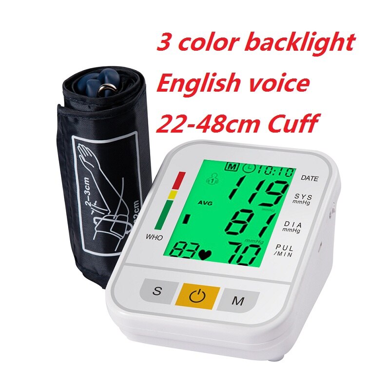 Arm Automatic Blood Pressure Monitor BP Sphygmomanometer Pressure Meter Tonometer for Measuring Arterial Pressure Backlight: Backlight En-Voice