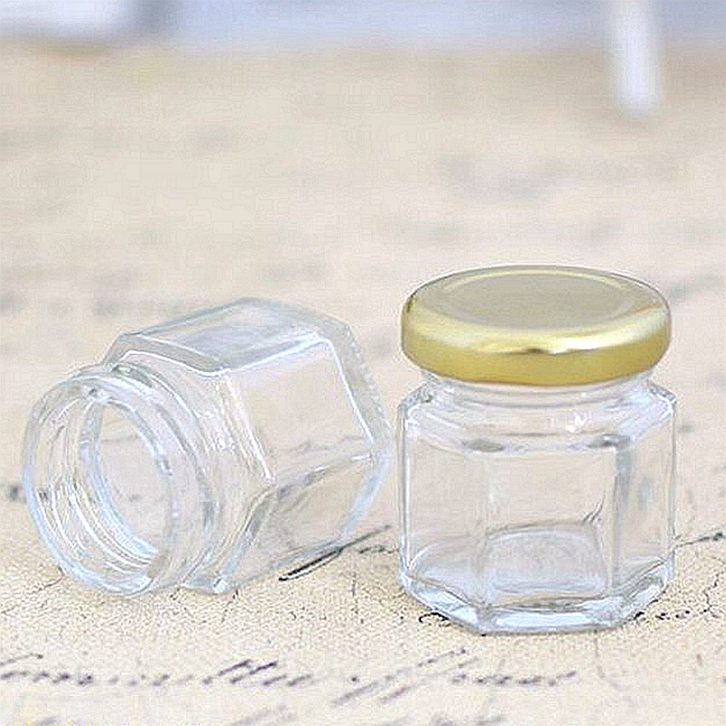 Mini tarro de miel de cristal Hexagonal X22, 45ml de capacidad, frascos de vidrio para Miel de 1,5 oz con cubiertas de Metal, tarros de miel para de de boda