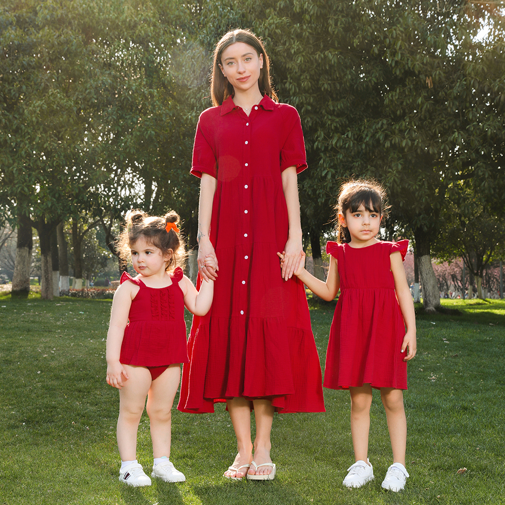 Cotton Matching Family Outfits Mom and Daughter Dress Leisure Vacation Red long Dress Mommy and Me Matching Clothes Family Look: Baby Romper 9-12M