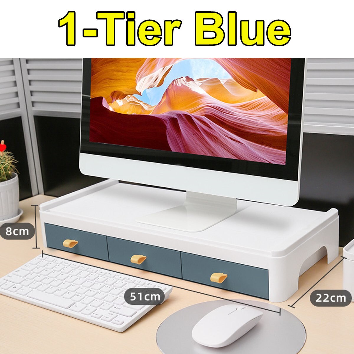 2Tiers Monitor Riser Stand Desk Shelf with Drawer Keyboard Storage Stylish White Pen-Books Stationery: 2