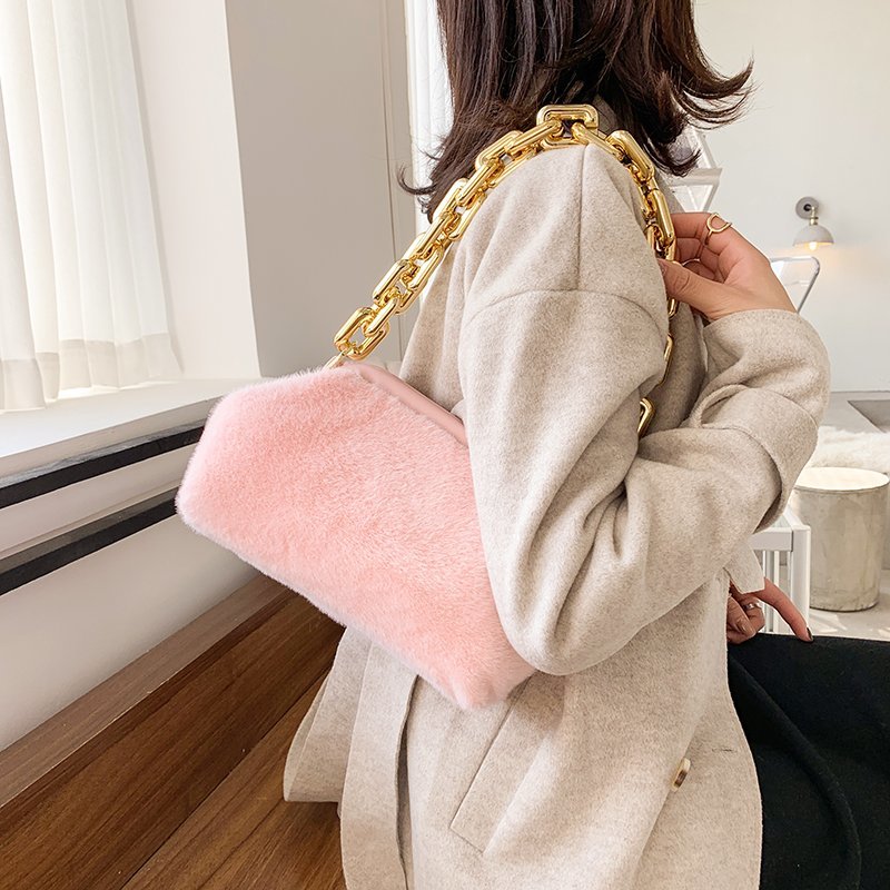 Torebka damska na ramię luksusowa torebka i torebki torebki damskie z futra zimowego dla kobiet 2020 złoty gruby łańcuch sprzęgło ręczne mała torebka damska