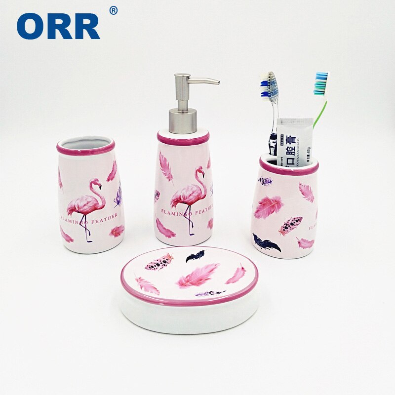 Ceramic Bathroom set Flamingo accessories 4pcs toilet brush toothbrush cup soap dish dispenser ORR