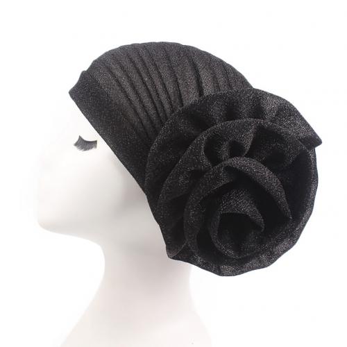 Muslim Hat Big Flower Glitter Turban Hat Muslim Indian Cap Women Head Wrap Headwear Solid Color Women's Hat Breathable: Black