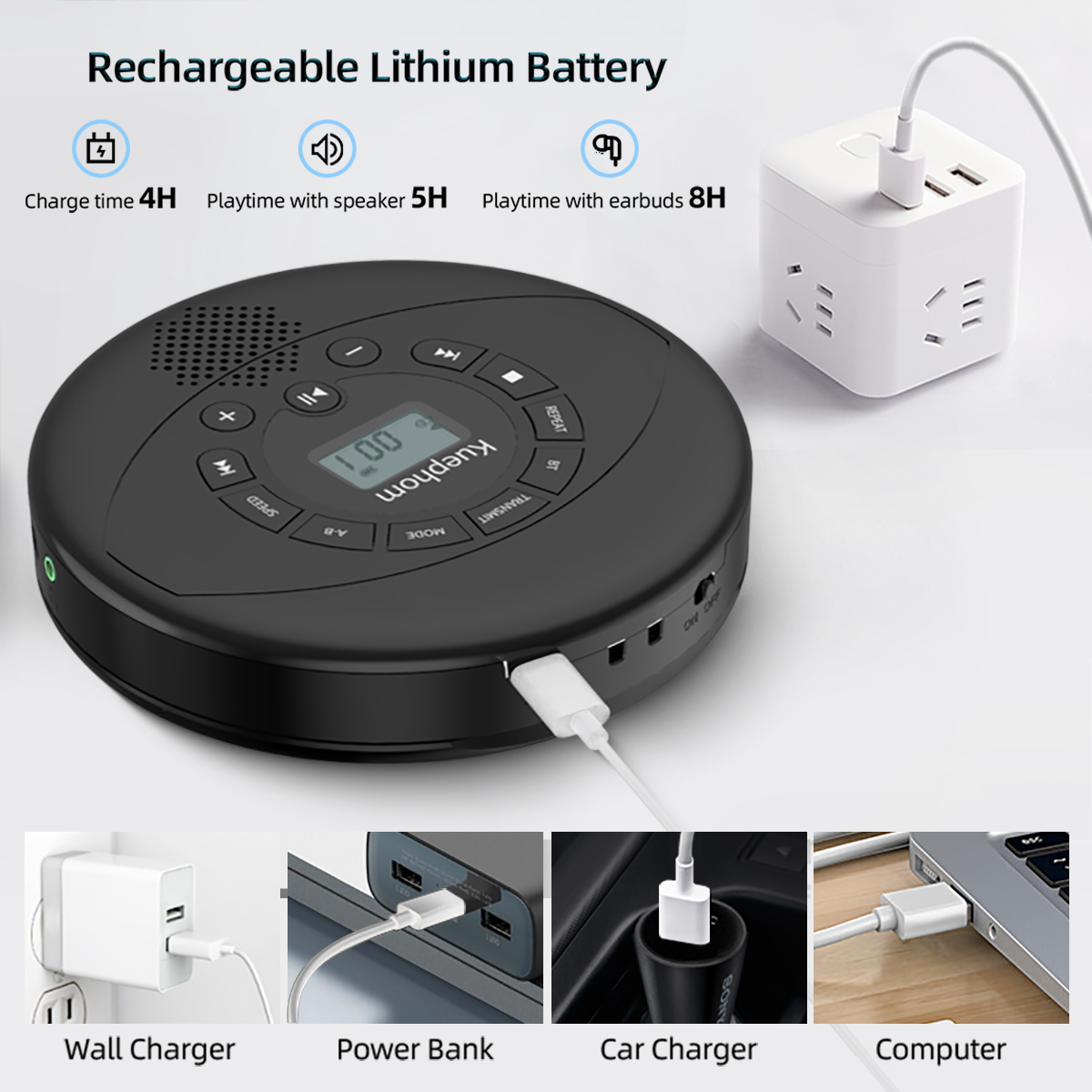 Bærbar cd-afspiller med bluetooth genopladelig discman med højttaler og øretelefoner walkman cd med højttaler og bluetooth-sender