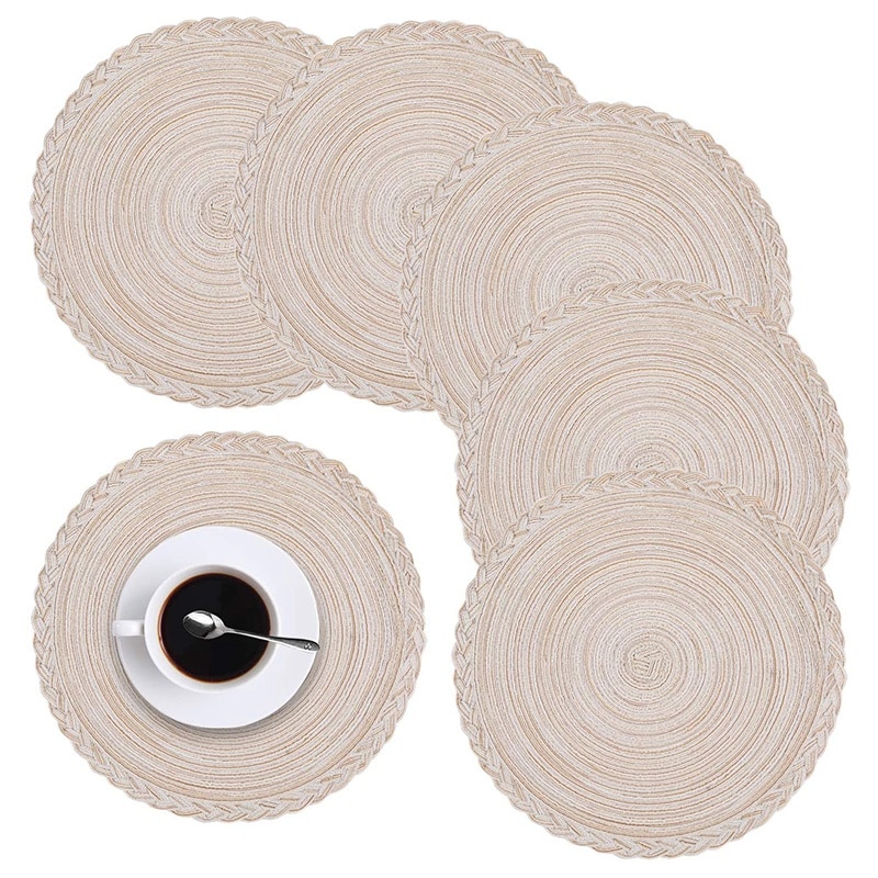 Placemats, set van 6, rond, 33 cm, geweven placemats, hittebestendige placemats, antislip, boho, katoen, placemats, onderzetters voor keuken, eetkamer, bruiloft, feest, boerderij, tafeldecoratie