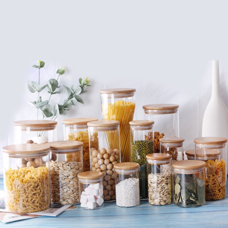 Cuisine alimentaire conteneur bambou couvert haute Borosilicate organisateur scellé verre bouteille réservoir divers grains boîtes de rangement