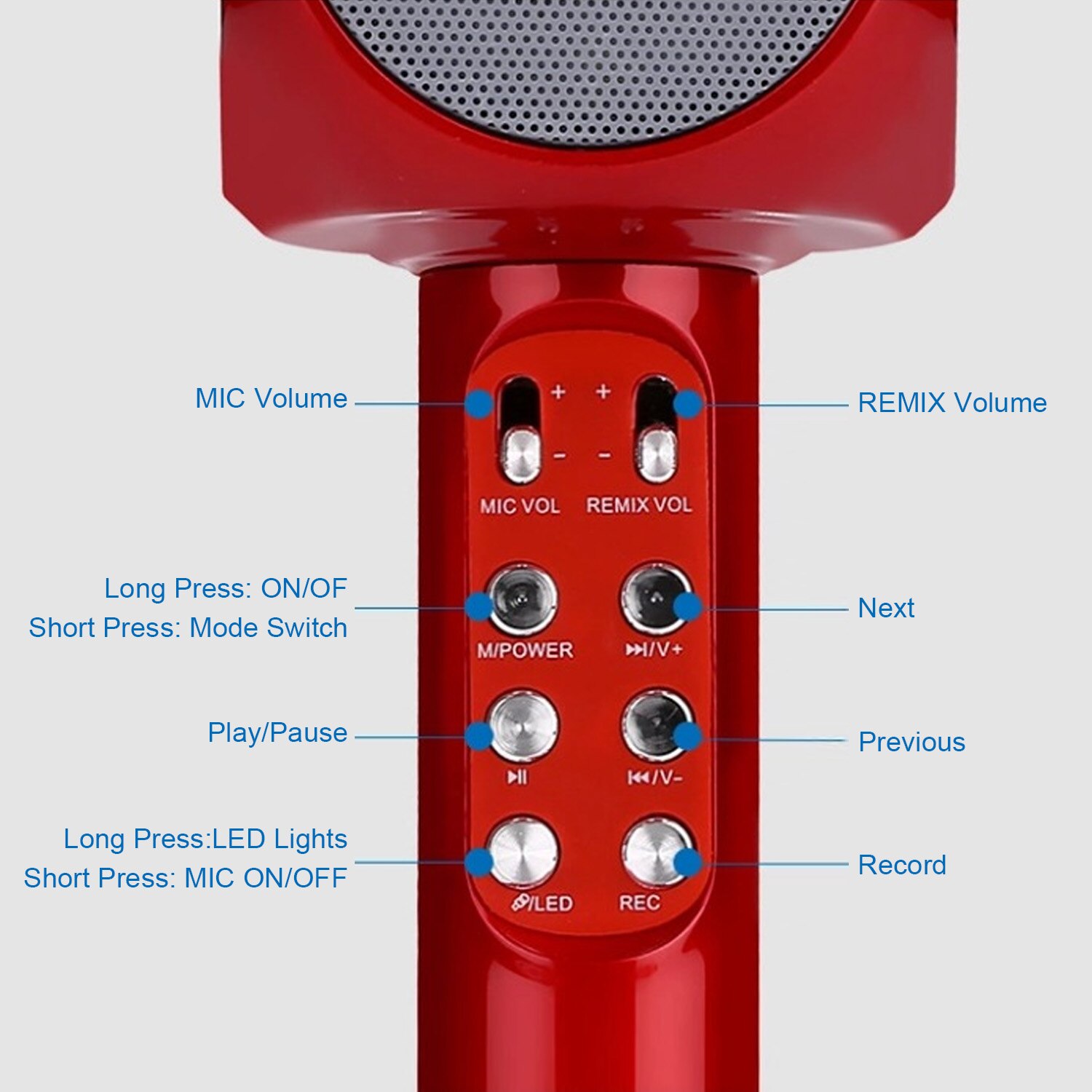 Micrófono inalámbrico de Karaoke de Besegad Altavoz Bluetooth portátil luces LED incorporadas Radio FM para iOS Android Teléfono Tablet portátil