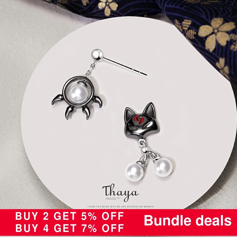 Thaya 925 argent Sterling boucle d'oreille mignon noir chat & patte boucle d'oreille Style japonais pour les femmes argent oreille bijoux fins