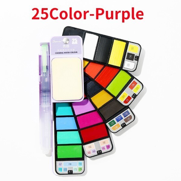 "Juego de pintura de acuarela sólida Superior 18/25/33/42 con pincel de agua plegable Color de viaje pigmento para dibujar acuarelas profesionales watercolor arte pintar": 25Colors (Purple)