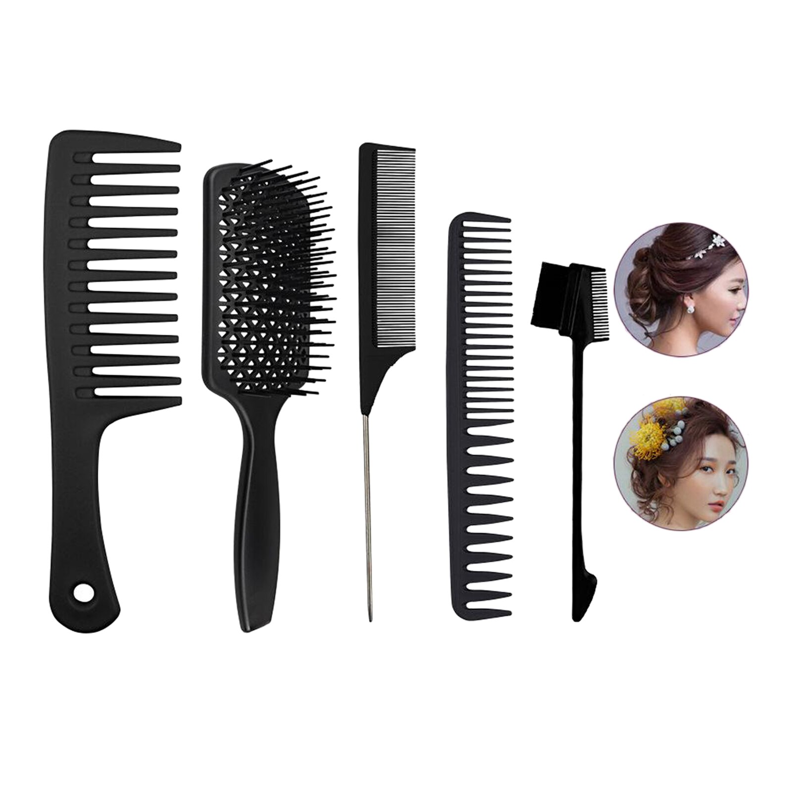 5Pcs Kappers Massage Kam Styling Salon Thuis Set Voor Rechte Lange Dikke Curly Natuurlijke Haar Nat Of Droog Haar: Black