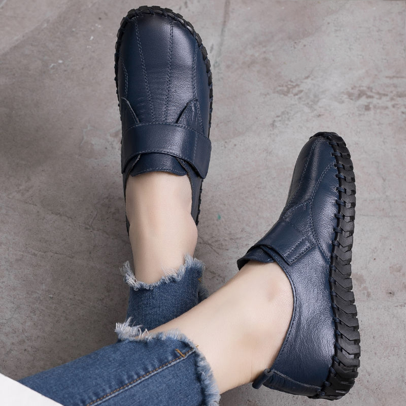 Sapatos de couro genuíno para mulher outono apartamentos feminino gancho loop sapatos ortopédicos tamanho grande 42 mocassins femininos senhoras mocassins azuis