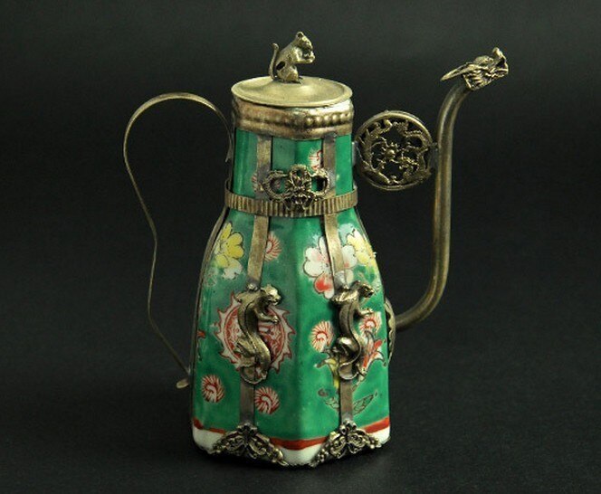 Metal Ambachten Antieke Imitatie tibet-zilver carving groen Porselein thee pot/fles 03
