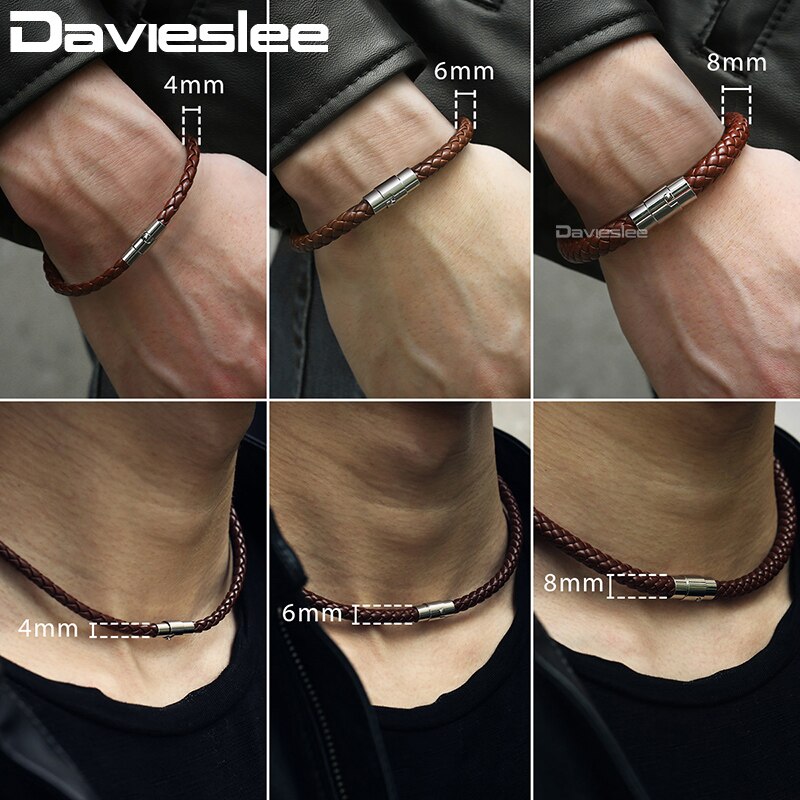 Davieslee Men Women&#39;s Leather Jewelry Set Black Brown Braided Rope Leather Bracelet Necklace Set Jewelry 4 6 8mm DUSM04