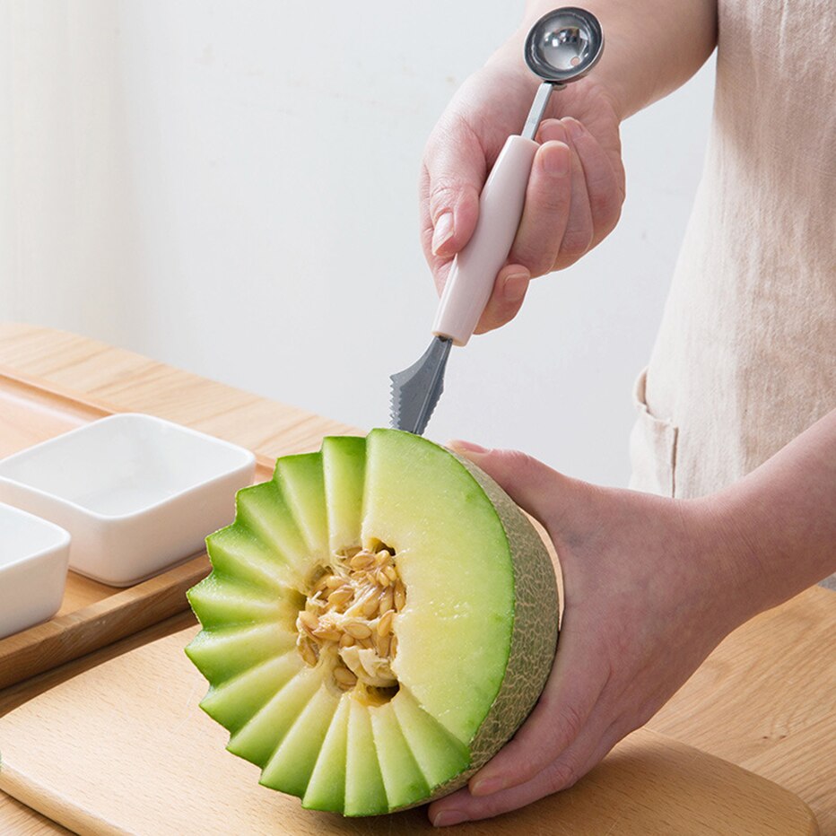 Basedidea Melon Ball Scoop Fruit and Vegetable Ball Maker Spoon 2-IN-1 Fruit Decoration Carving Spoon kitchen Cutter