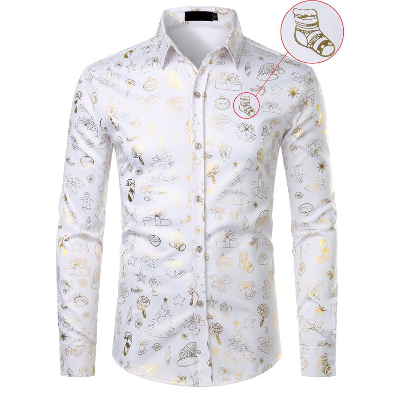 Noir noël chemise homme drôle De noël or imprimer hommes robe chemises décontracté fête bal chemise pour hommes Camisa De Navidad: White / US Size S