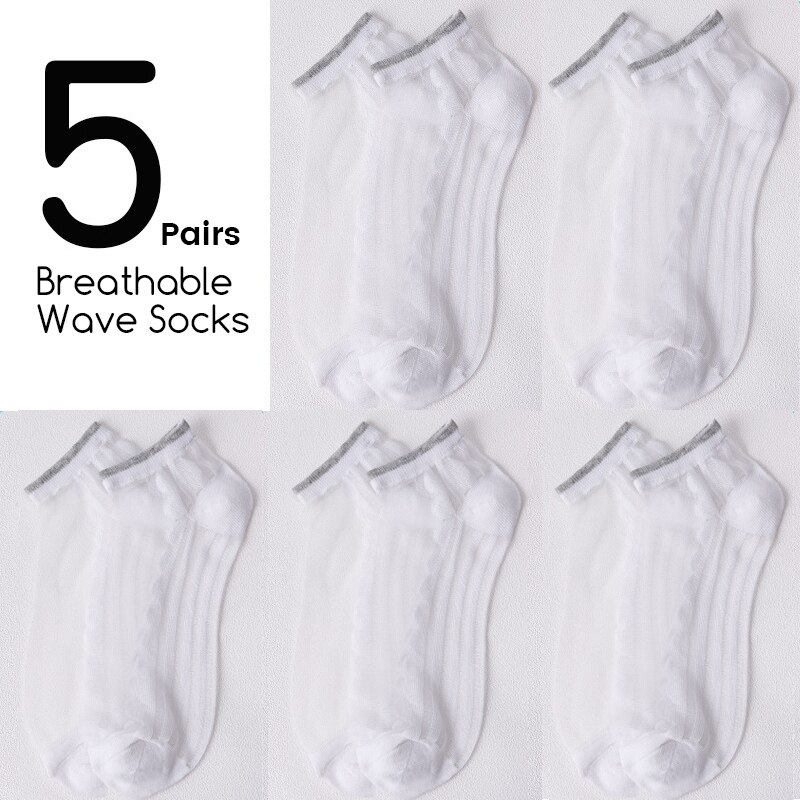 5Pairs/Lot Women Socks for summer Ultra-thin Transparent Cass Glass fiber Silk Socks daisy Flower Japan Ankle Socks: 385-wave