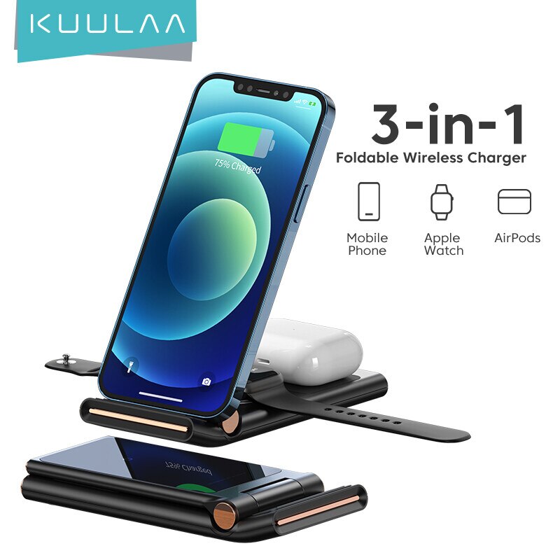 Kuulaa qi trådløs oplader 3 in 1 til iphone 13 12 11 pro max xr  x 8 foldbar ladestation til apple watch airpods pro