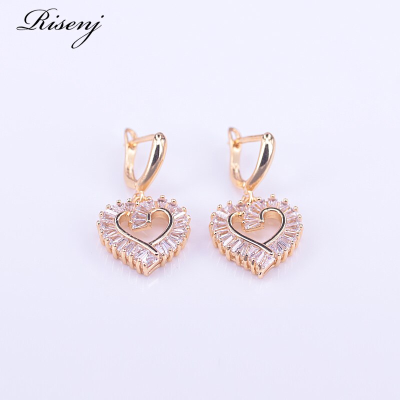 Risenj Heart Square Top Zircon 18k Gold Costume Jewelry Set For Women Earrings Necklace Ring Set Bridal Jewelry