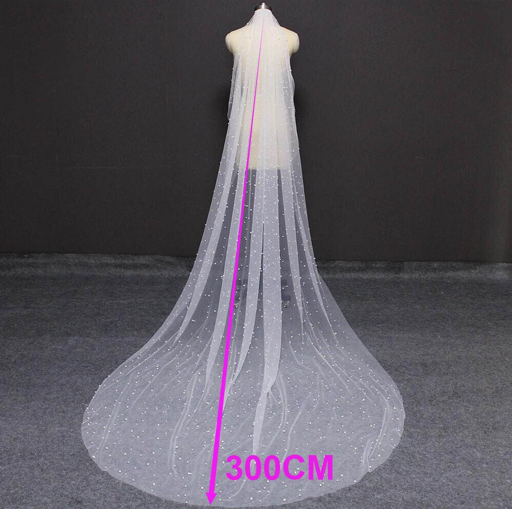 Frumos voal lung de perle un strat 3m voal de mireasa catedrala 3 metri voal de nunta alb fildes cu perle accesorii mireasa