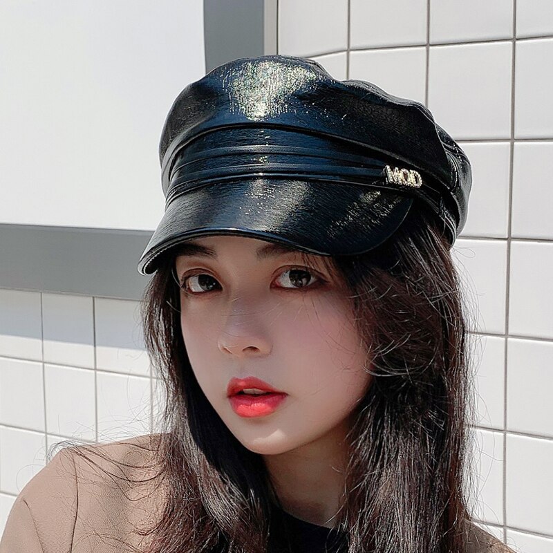 Efterår klassisk britisk stil kunstlæder beret hue glitter kvinder nyhedsdreng marineblå hat sømand hat kaptajn cap rejse kadet hat