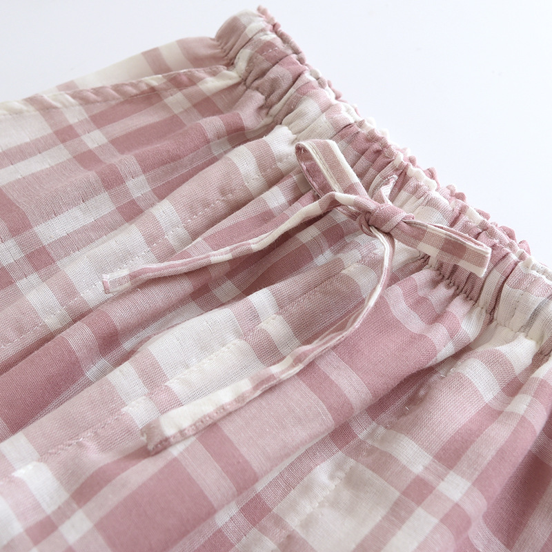 Couple Plaid Pants Cotton Long Trousers Casual Thin Home Pants Loose Drawstring Sleep Bottoms Women Pink Plaid Pajama Men Pants