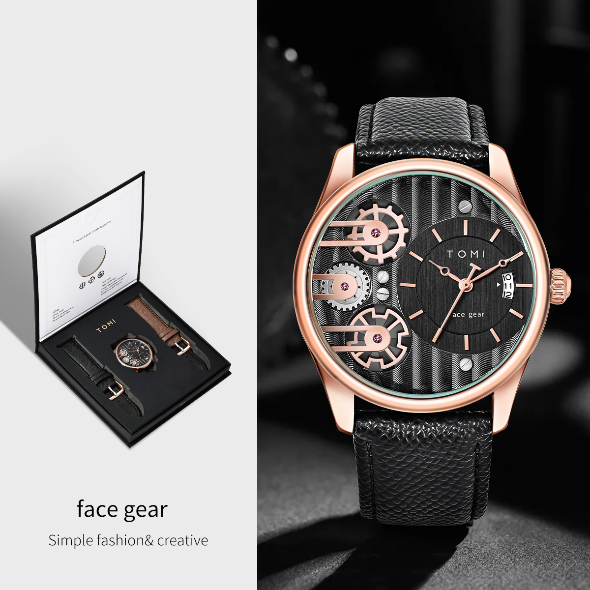 TOMI Heren Geschenkdoos Combinatieset Horloge Luxe en Eenvoudig Zakelijk Afneembare band Quartz Horloge Herenhorloge Festival Cadeau: Rose