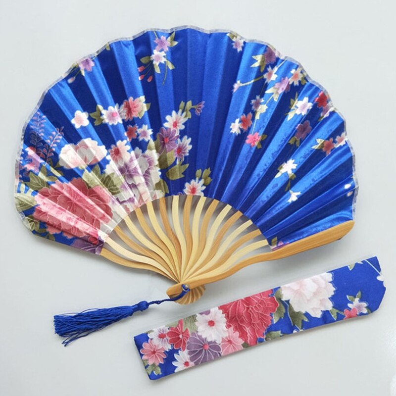 Bamboo Flower Printed Japanese Style Foldable Hand Held Fan Decoration