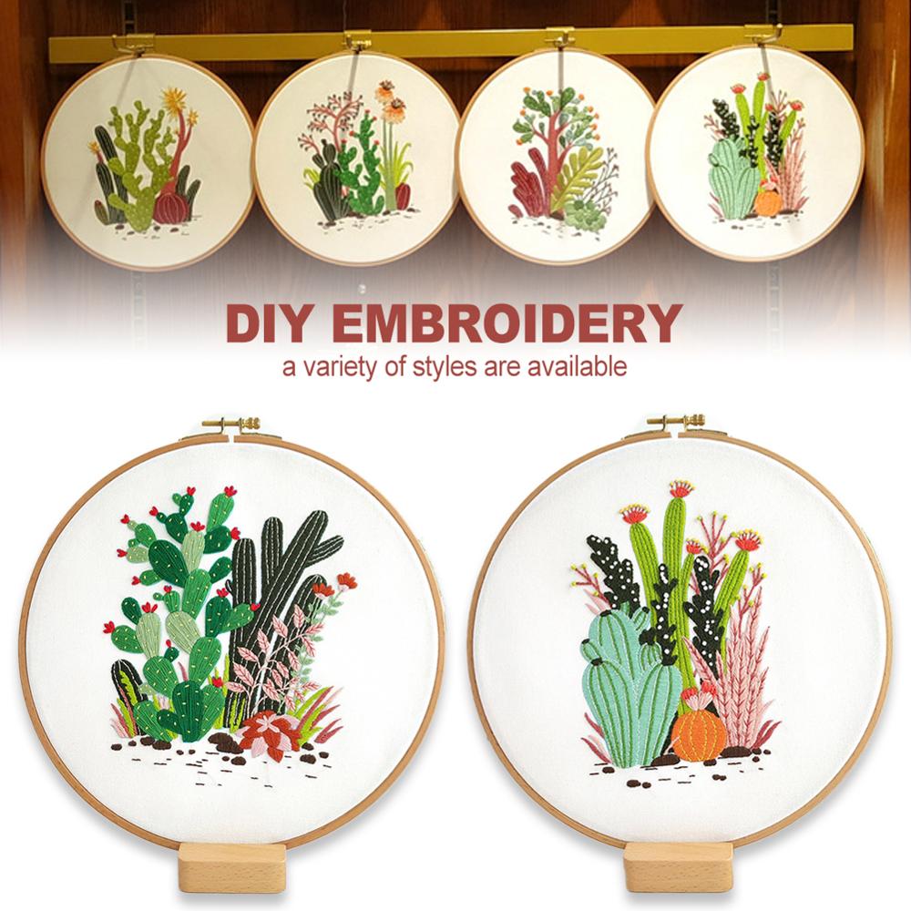 Cotton Cross Stitch Embroidery Kit DIY Cactus Heart Love Flowers Embroidery Kit Handcraft Painting Embroidery Hoop Home Decor