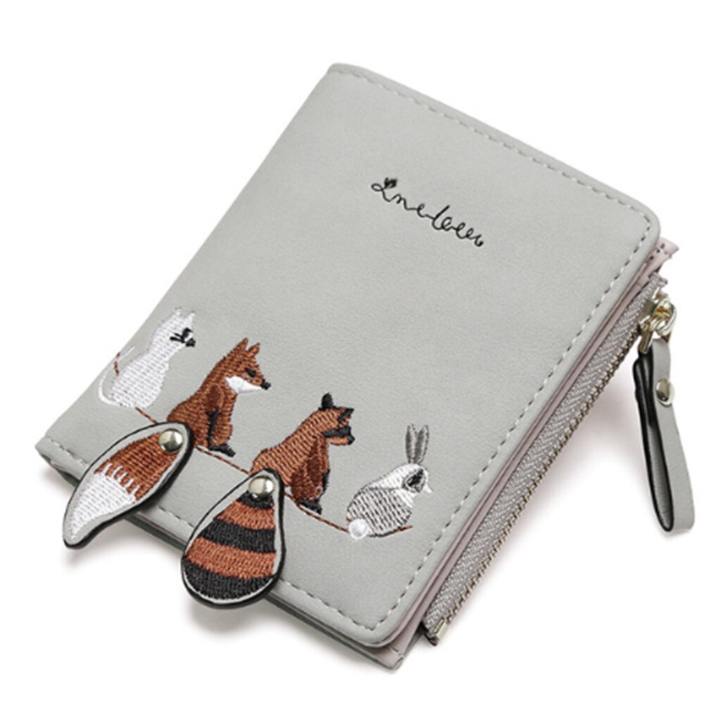 Damesportemonnee met schattige cartoondieren, kort leren damesportemonnee met rits, kaarthouder voor meisjes: Grijs