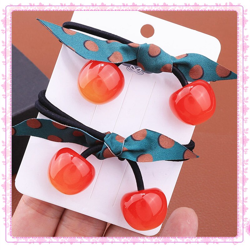 Coletero de cuerda a la para mujer, gomas elásticas para el pelo de hermosa cereza, con lazo, accesorios para el cabello: 2 pcs red
