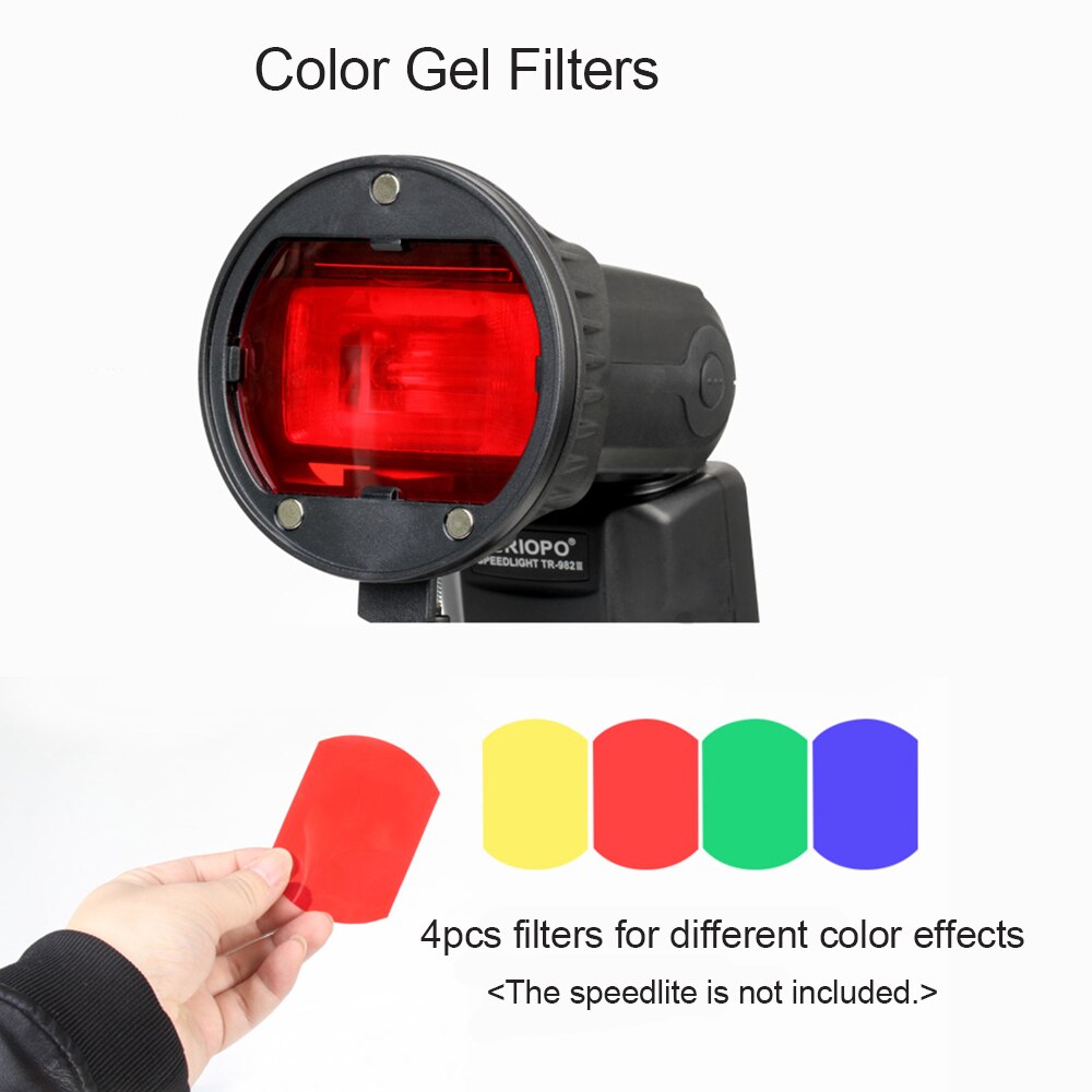Triopo flash light modifier tilbehørssæt m/ magnetisk monteringsadapter+diffuser kugle+farve gel filtre til canon nikon sony godox